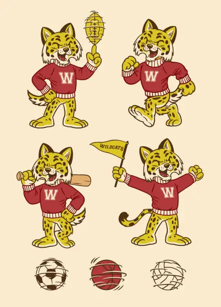 Vector illustration of Set of Wildcat Sport Mascot in Vintage Retro Hand Drawn Style