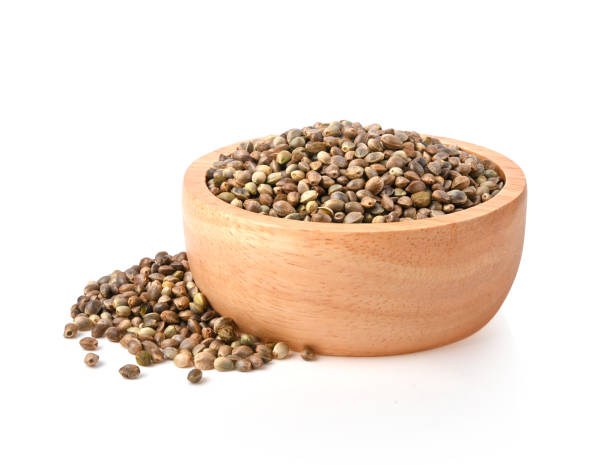 istock hemp seeds in wooden bowl on white background. 1494171819