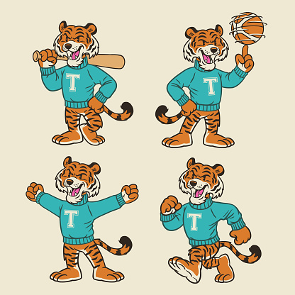 Vector Set of Tiger Sport Mascot in Vintage Retro Hand Drawn Style