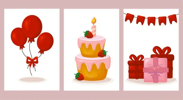 Vector illustration of Set of birthday cards. Collection with balloons, gifts, cake and garland flag. Happy birthday party. Vector greeting card.