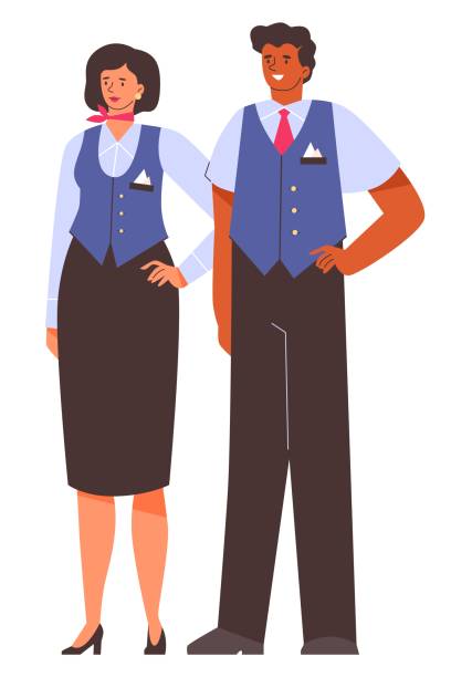 スチュワーデスとスチュワードまたはエアホステス、平らなベクターイラスト。 - airport professional occupation people traveling vertical点のイラスト素材／クリップアート素材／マンガ素材／アイコン素材