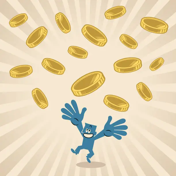 Vector illustration of A smiling blue man catches the money falling down from the sky