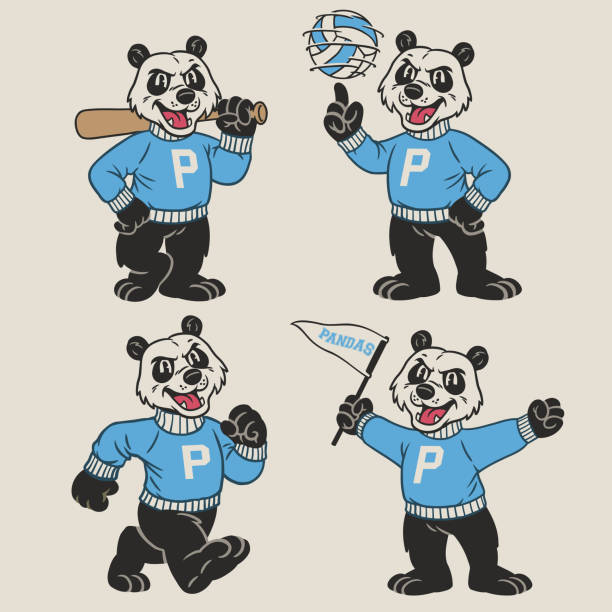 Vector Set of Panda Sport Mascot in Vintage Retro Hand Drawn Style