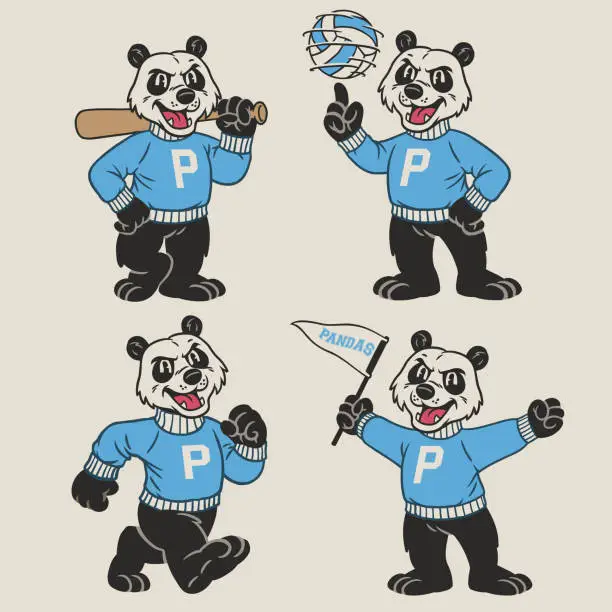 Vector illustration of Set of Panda Sport Mascot in Vintage Retro Hand Drawn Style