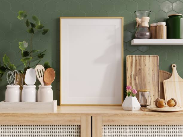 istock Mock up poster frame in kitchen interior on empty green color wall background 1494175885