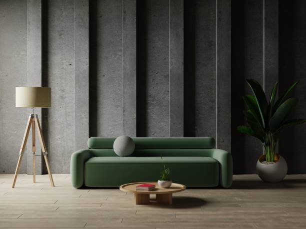 istock Modern living room interior with green sofa and decoration room on empty concrete wall background 1494175928