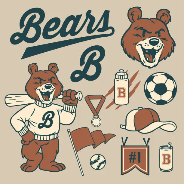 Vector illustration of Grizzly Bear Vintage Old School Mascot Set