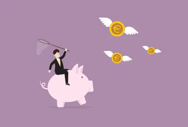 Vector illustration of A businessman rides a piggy bank to catch euro money