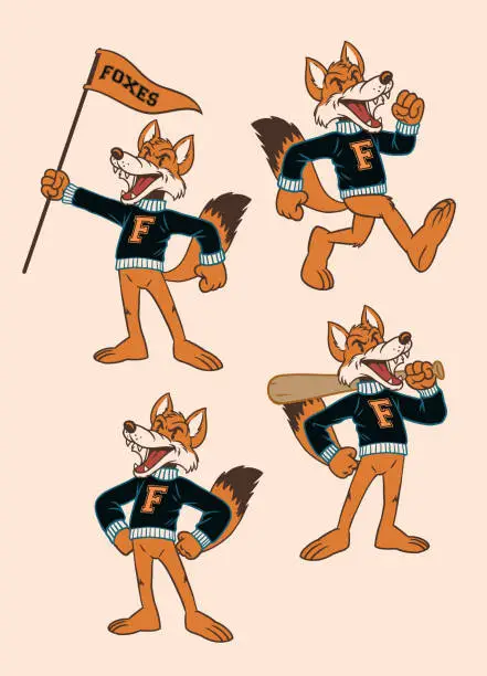 Vector illustration of Set of Fox Sport Mascot in Vintage Retro Hand Drawn Style