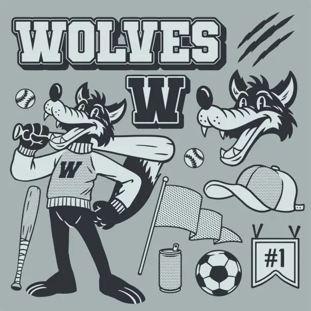 Vector illustration of Wolf Mascot Vintage set in Hand Drawn Style