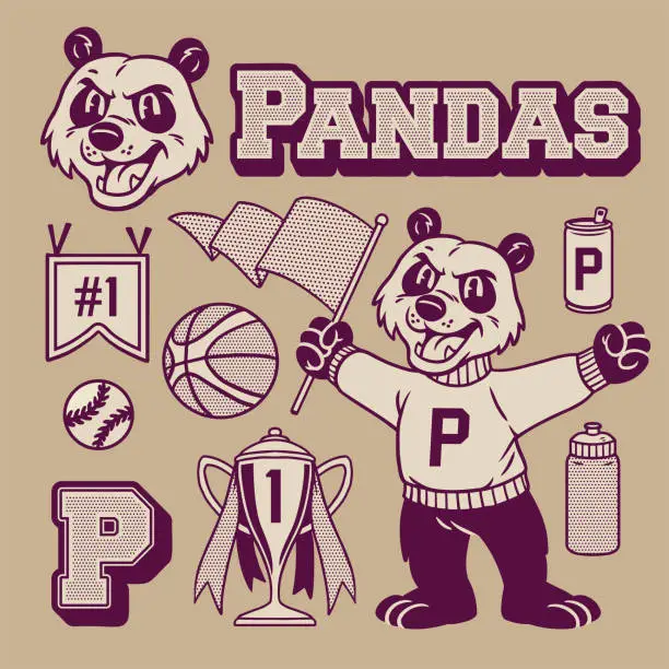 Vector illustration of Panda Mascot Vintage in Hand Drawn Style