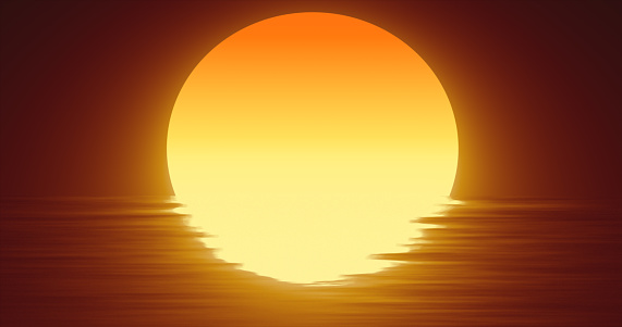 Abstract orange sun over water and horizon with reflections background.