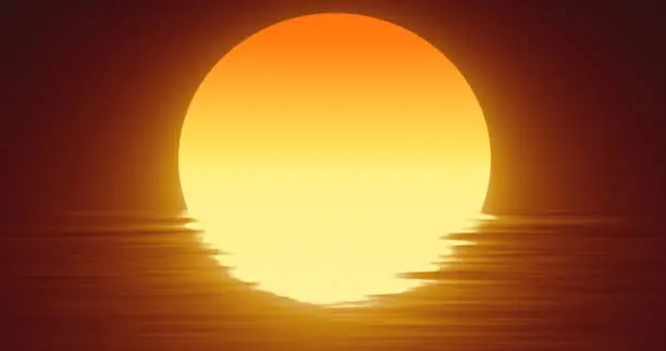 Abstract orange sun over water and horizon with reflections background.