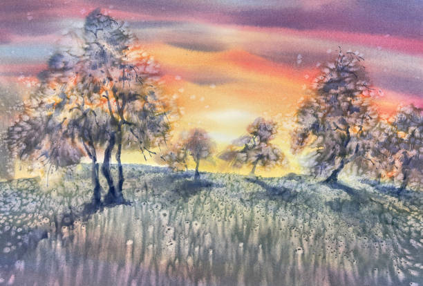 istock Red summer evening sky in the garden and flowering meadow watercolor background 1494185047
