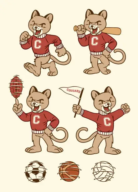 Vector illustration of Set of Puma Cougar Sport Mascot in Vintage Retro Hand Drawn Style