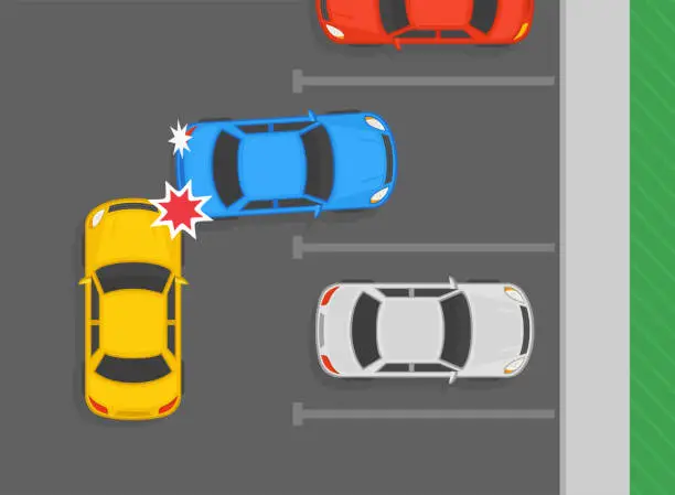 Vector illustration of Safe parking tips and rules. Accident with approaching car on parking area. Top view of a moving reverse car collision.