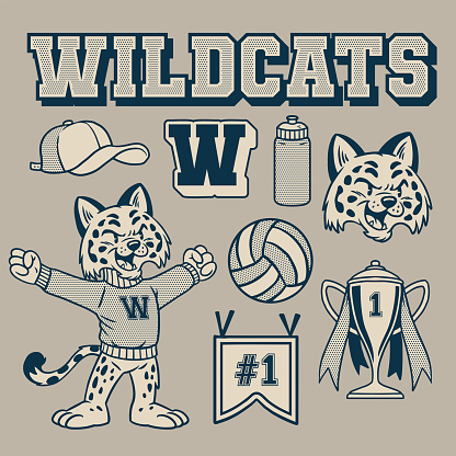 Vector of Wildcat Mascot Vintage Hand Drawn Object Set