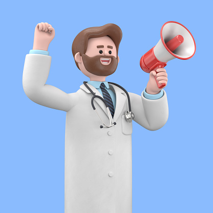 3D illustration of Male Doctor Iverson holding a speaker. Cute smiling businessman announcing over the loudspeaker by raising his hand. Business advertising concept.