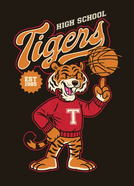 Vector illustration of Vintage Textured Shirt Design of Tiger Athletic Mascot