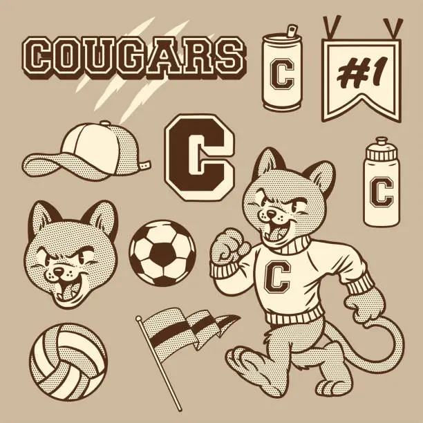 Vector illustration of Set of Hand Drawn object of Cougar Lion Mascot