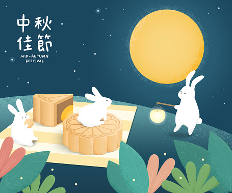 Hand drawn illustration of mid-autumn festival with mooncakes and rabbits.