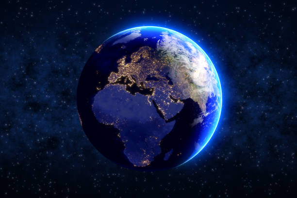 istock Earth planet on blue night sky with stars 1494200300