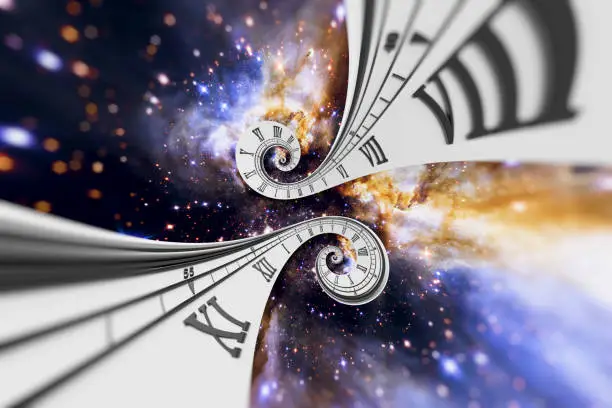 Photo of Surreal spiral clock in space.