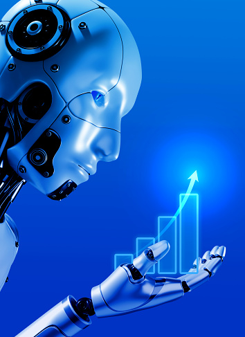 Robot portraits holding business growth graph, shining hologram glowing on blue background, vertical style. Futuristic AI with digital management. Artificial intelligence service technology concept.