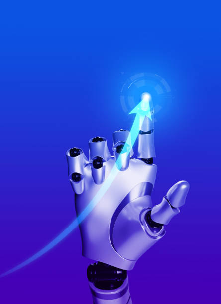 istock Business and technology with artificial intelligence concepts. Smart robot hand draws a rising arrow on growth graph on blue background, vertical style. Ai humanoid pointing finger on the screen. 1494202506