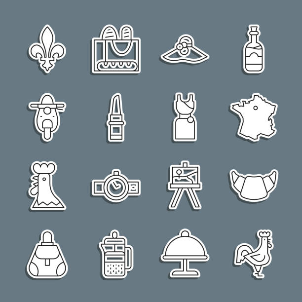 Set line French rooster, Croissant, Map of France, Elegant women hat, Lipstick, Scooter, Fleur De Lys and Woman dress icon. Vector Set line French rooster Croissant Map of France Elegant women hat Lipstick Scooter Fleur De Lys and Woman dress icon. Vector. delaware chicken stock illustrations