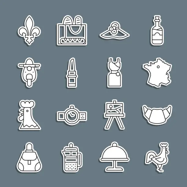 Vector illustration of Set line French rooster, Croissant, Map of France, Elegant women hat, Lipstick, Scooter, Fleur De Lys and Woman dress icon. Vector