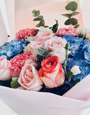 Beautiful bouquet flowers with  hydrangea and pink roses