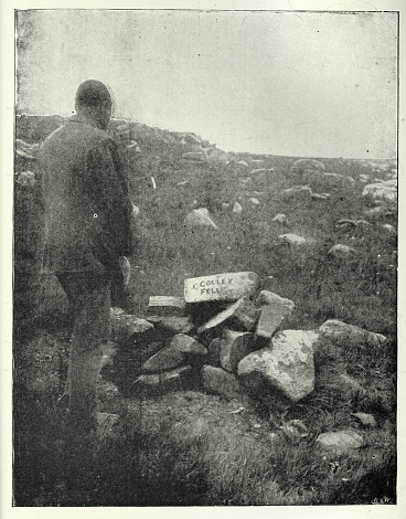 Vinatge illustration after a photograph of Where Colley Fell, Rough Cairn of Stones on Majuba Hill, Battle of Majuba Hill 1881