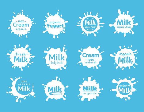 Vector set of dairy and milk product logos, emblem, icon, label with splashes drops and blots. Fresh natural food. Organic Production Package. Design elements for grocery, farm, agriculture store