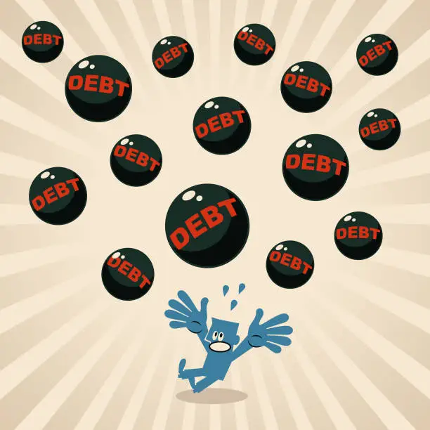 Vector illustration of A blue man is frightened by a pile of debt-burdened iron balls falling from the sky,
a financial crisis, and an economic recession concept
