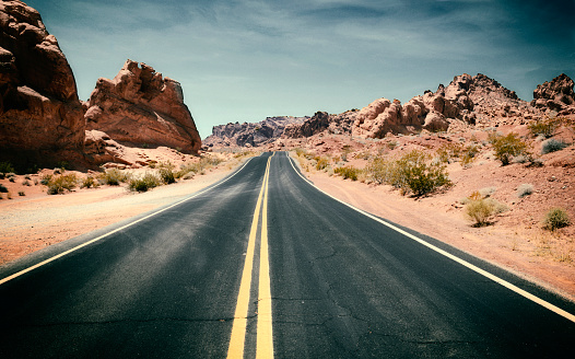 Road through the desert landscape, Valley of Fire, Nevada, USA. Toned Image.