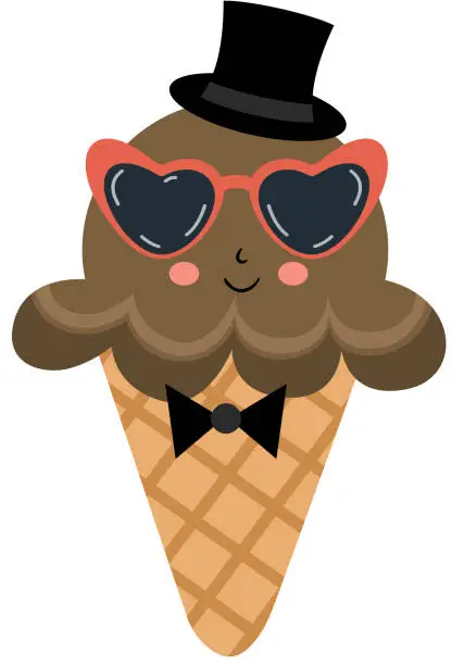 Vector illustration of Funny chocolate ice cream cone with heart sunglasses and black hat