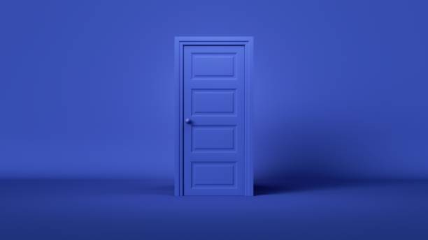 istock 3d render. Abstract minimalist wallpaper. Closed blue door isolated on blue background 1494214940