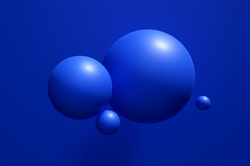 Levitating blue spheres on blue background. Abstract minimal 3d rendering art. Geometric shapes wallpaper background design for presentations, brands, templates, banners with empty space.