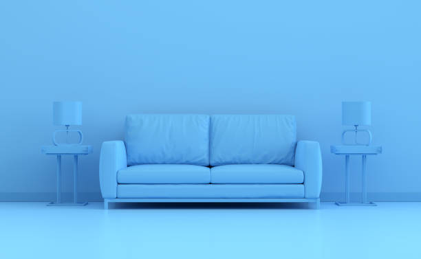 istock Blue monochrome interior space with sofa, end tables and lamps. 3D render. 1494215337