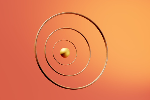 A levitating sphere passing through the circles. Abstract 3D art. Technology background. Journey, route or passage.