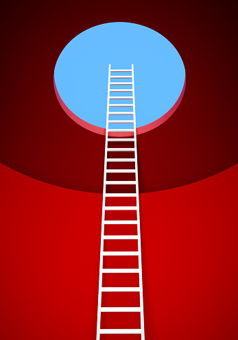 Escape or achievement. Reaching to success, development or freedom. Business exit strategy. Staircase or ladder reaching to an opening hole with blue sky on the ceiling. 3D render.