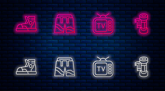 Set line Short or pants, Retro tv, Sport sneakers and Camera roll cartridge. Glowing neon icon on brick wall. Vector.