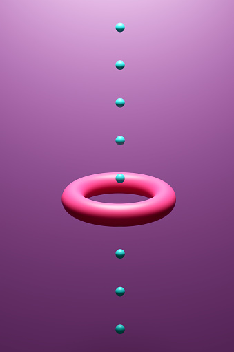 Order, continuity and guidance concepts. Cooperation, teamwork or coordination in business. Little green balls going through hole on purple background. 3D render.