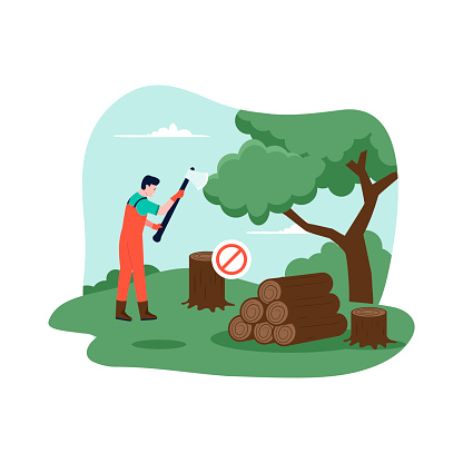 Vector concept of stop illegal logging of trees. Illustration for website, landing page, mobile app, poster and banner. Trendy flat vector illustration