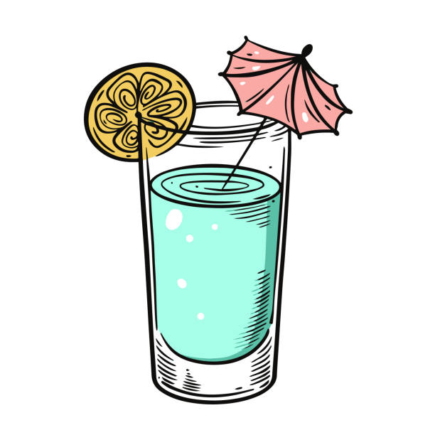 傘とレモンスライスの手描きの夏のカクテル。カラフルな漫画風のベクターイラスト。 - margarita cocktail drink umbrella drink点のイラスト素材／クリップアート素材／マンガ素材／アイコン素材