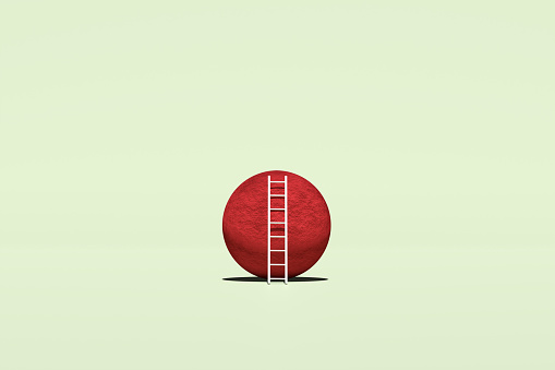 Conquering adversity, overcoming difficulties. Success, achievement and progress in business career. Job promotion. Ladder leaning against a sphere shaped rock. 3D render.