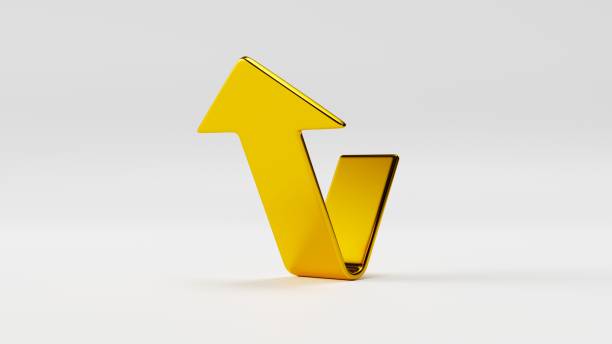 istock 3d render, abstract gold arrow ascending, isolated on white background. Metallic direction sign 1494217349