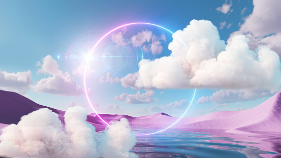 3d render, abstract fantasy background. Surreal fantastic landscape. Blue sky, white fluffy clouds, neon round linear frame, calm water, pink sand dunes. Virtual reality paradise wallpaper