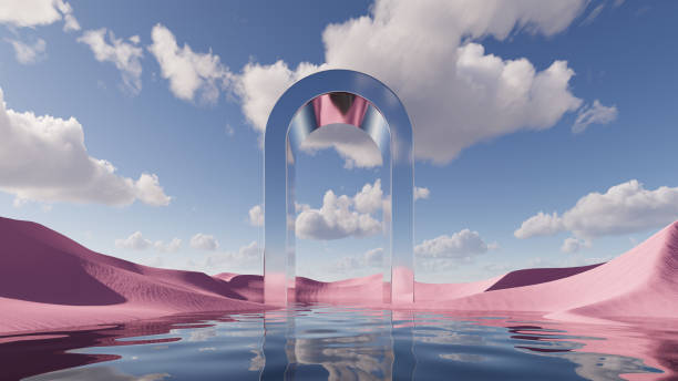 istock 3d render, modern abstract background of surreal landscape. Blue sky with white clouds, pink sand dunes, calm water and mirror geometric arch. Fantasy scenery 1494217491